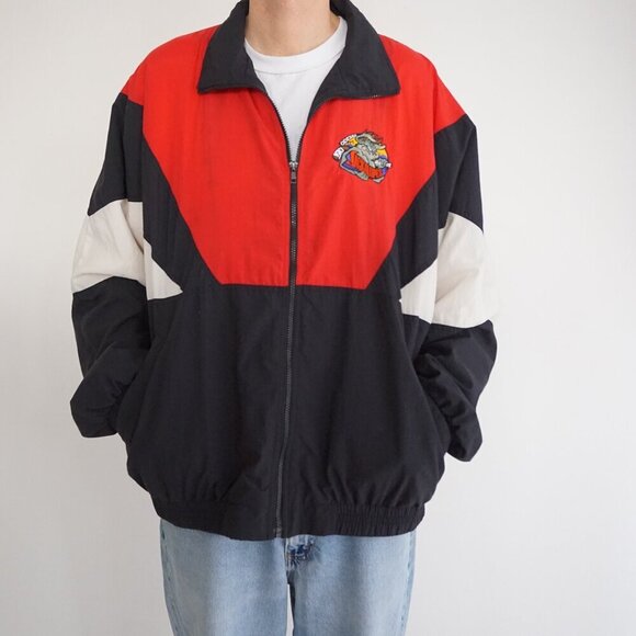 Vintage '80s What's Up Red Black Jackalopes Nylon Cotton Lined Sporty Jacket XL - Picture 1 of 11